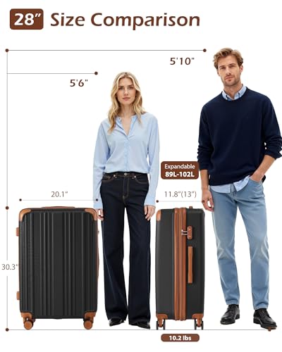 Coolife Luggage Expandable(only 28") Suitcase PC+ABS Spinner 20in 24in 28in Carry on (apricot black, L(28in))