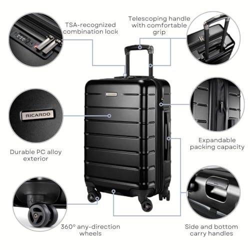 Ricardo Beverly Hills Cambria Hardside Luggage | Stylish Suitcase with Wheels for Effortless Travel, Expandable and Secure TSA-Locked Packing, 20-inch Carry-On, 22x14x9 (Black Pearl, Carry-On 20-Inch)