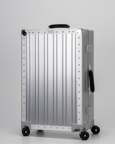 PORTAR Aluminum Checked Luggage, Anodized Aluminum and Leather Handles, Lunar Silver
