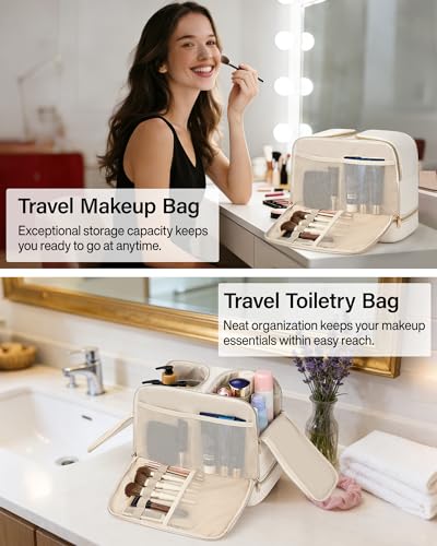 Hanke Travel Toiletry Bag, Lightweight Wide-open Large Toiletry Bags for Women, Dual-Layer Makeup Bag Water-Resistant Cosmetic Travel Bag with Handle for Accessories, Essentials, Off White