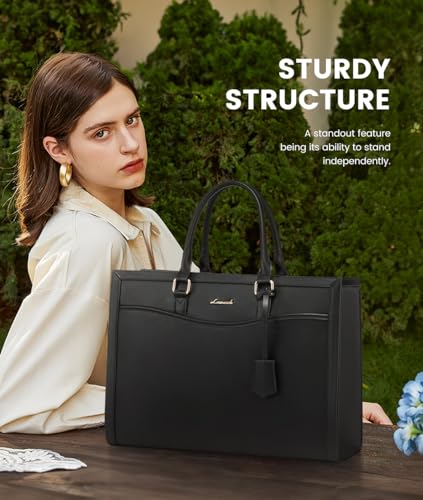 LOVEVOOK Laptop Tote Bag for Women, Leather Office Work Bag Briefcase fit for 15.6 inch Laptop, Large Teacher Computer Bag Handbag,2pcs Set Leather/Black