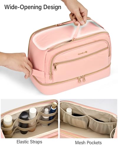 Hanke Travel Toiletry Bag, Lightweight Wide-open Makeup Bag, Dual-Layer Travel Bag for Toiletries Water-Resistant Cosmetic Bags Large Toiletry Bags for Women & Men, Travel Essentials, Pink
