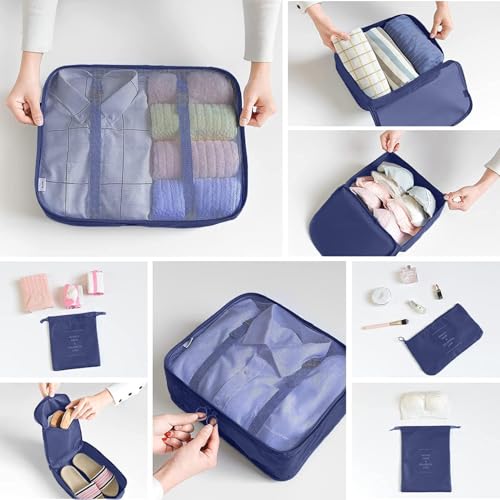 8 Set Packing Cubes for Suitcases Travel Luggage Packing Organizers,Travel Essentials Accessories Luggage Organizer with Shoe Bag Tioletry/Laundry Bag（Dark Blue）