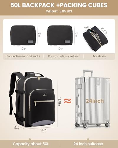 LOVEVOOK 50L Travel Backpack for Women Men,Waterproof Airline Approved Carry On Luggage Travel Essentials,TSA Carry On Backpack Personal Item Travel Bag Suitcase Weekender Traveling with Packing Cubes