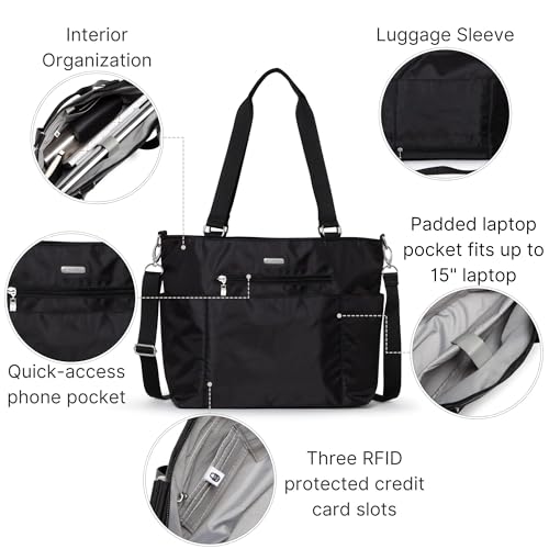 Baggallini Essential Laptop Tote - Work Tote Bag with Laptop Sleeve - Lightweight Travel Crossbody Shoulder Bag for Women, Black