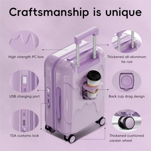 ROAMING 20-Inch Purple Carry On Luggage Airline Approved Lightweight PC Hardside Rolling Suitcase with TSA Lock Cup Holder USB Charging Port and Spinner Wheels for Women Ice cream suitcase