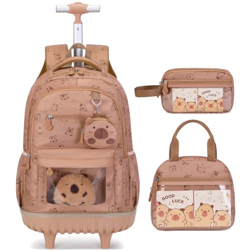 Similove Capybara Theme Rolling Backpack with Lunch Bag & Pencil Case, Kids Rolling Backpack for Girls, Wheeled School Bookbag with Telescoping Handle for Kindergarten Elementary Middle High School