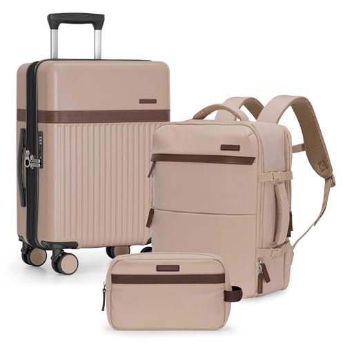 U.S. Traveler Vista Way 3-Piece Travel Set, 21-Inch Carry-on Hardside with TSA Lock, 18-Inch Travel Backpack with Laptop Sleeve, Toiletry Bag, Beige