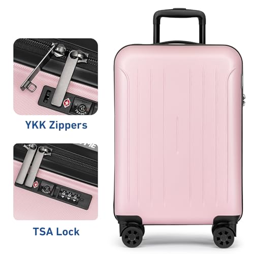 KYME Carry on luggage 22x14x9 Airline Approved Suitcase Hardshell With Double Spinner Wheels, PC+ABS TSA Lock Travel Luggage (Pink, 20" Carry On)