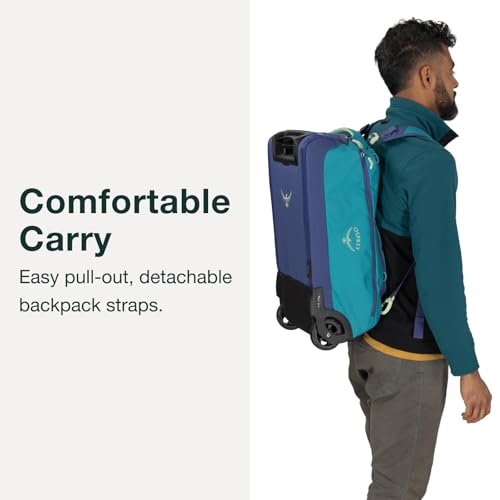 Osprey Daylite 40L Wheeled Carry On Collapsible Travel Duffel Bag, Lightweight Rolling Suitcase, Blue Spikemoss/Alkaline