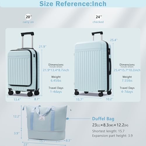 Merax Luggage Sets 3 Piece, Hardside Carry On Suitcase with Front Open,USB Port&Spinner Wheels, Lightweight Durable Luggage for Travel | TSA Lock, Expandable Suitcase Set for Men and Women,Light Blue