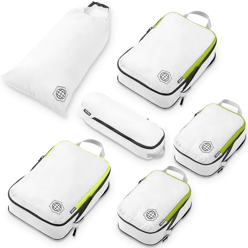 Compression Packing Cubes for Travel, 6-Piece Lightweight Packing Cubes Set for Carry-On Luggage & Backpacks – TRIPPED Travel Gear (White and Green)