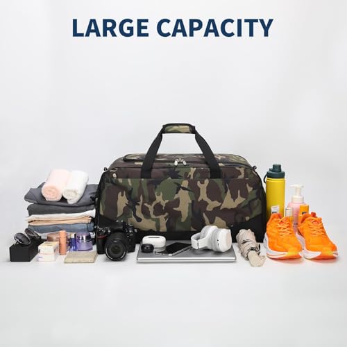 iFARADAY 47L Mens Duffel Bag for Travel with Shoe Compartment, Large Gym Bag for Men with Luggage Sleeve, Weekender Overnight Bag (Camouflage)