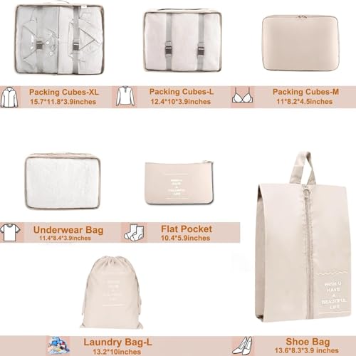 HLILai Packing Cubes for Travel - 7 Set Luggage Organizer Bags for Family, Mesh Breathable Travel Packing Cubes for Suitcases Durable Essentials Bags Set with Large Toiletries Bag(Beige)