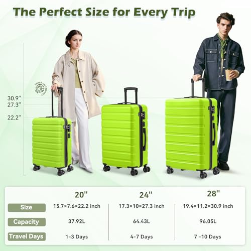 AnyZip Suitcase Hardside PC ABS Lightweight USB Luggage with Wheels TSA Lock Checked-Large 28 Inch AppleGreen