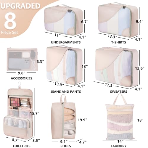 8 Set Packing Cubes for Travel, Gifts for Women Mom,Anti-Tearing Suitcase Organizer for Luggage with Shoe & Hanging Toiletry Bag,OlarHike Vacation Essentials & Accessories for Cruise Ship