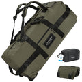 STOVER 45/80/100L Rolling Duffel Bag with Wheels, X-Large Durable Travel Duffle + Toiletry Bag, Heavy Duty, Packable with Shoulder Straps- Use as Luggage or Backpack, Men/Women (Green)