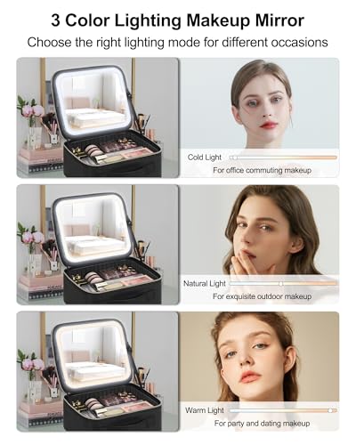 Chomeiu Makeup Bag with LED Mirror, Travel Makeup Case for Women and Makeup Artists Cosmetic Organizer Large Make Up Bags with Light Up Mirror, 3 Color Lights, Adjustable Dividers and Brush Holder