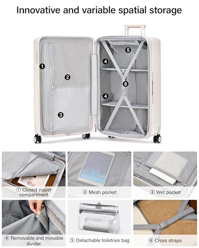 Hanke 24 Inch Plus Expandable Luggage Large Suitcases with Wheels, Medium Checked Luggage Hard Shell Suitcases, PC Trunk Luggage Extra Large Suitcase with Lock for Women Men(Ivory White)