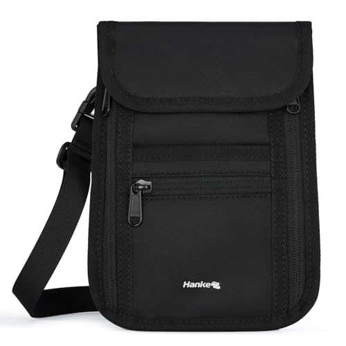 Hanke Passport Holder, Travel Wallet for Womens and Men, Neck Wallet Hidden Passport Pouch for Travel Adjustable Lightweight Thin with 6 compartments (Black)