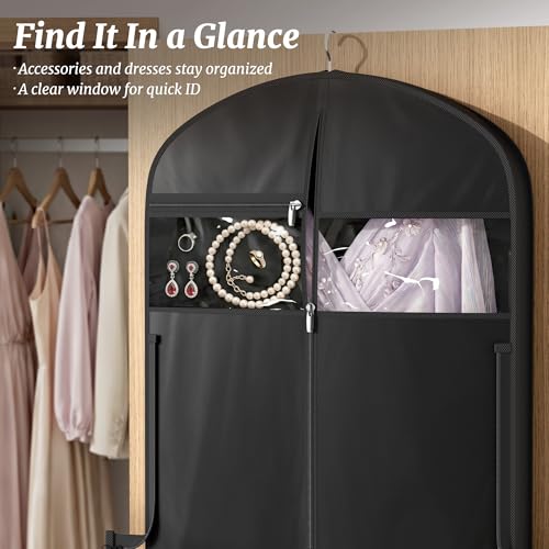 MISSLO 65" Garment Bags for Travel for Women with Loackabe-Self Zipper Waterproof Dress Bags for Gowns Long with Accessories Pockets Wedding Dress Bag Garment Covers for Hanging Clothes, Black
