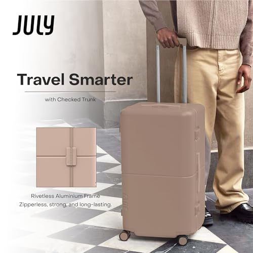 July Checked Trunk - 26.8" Zipperless Airline Approved Check In Luggage with Wheels, 80/20 Opening Spinner Suitcase - TSA Lock Rolling Suitcase, Spinner Wheels, Y-Strap - Matte Light Sand