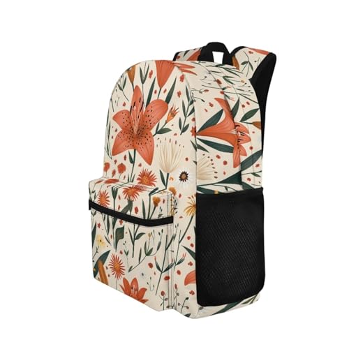 Warmkitty Pastoral Lily Blooms Print Vibrant Flower Design Kids Backpack with Side Pocket School Bookbag for Students Boys Girls