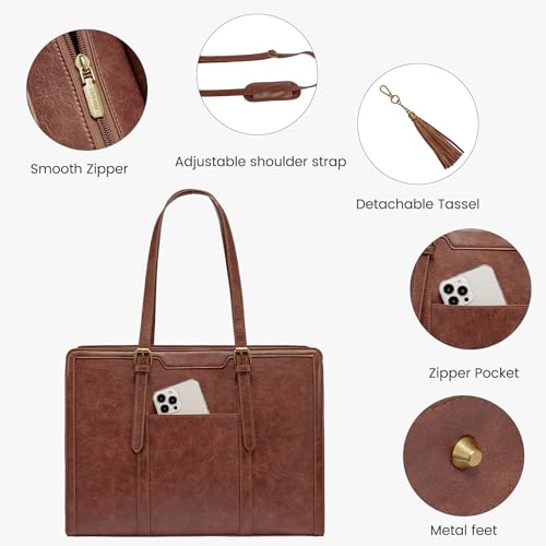 LOVEVOOK Laptop Tote Bag for Women,15.6 Inch Vintage Work Bag with Clutch,Large Leather Laptop Purse with Cup Holder for Teacher,Office