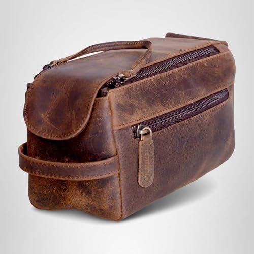 KomalC Premium Buffalo Leather Toiletry Bag for Men & Women – Leather Shaving Kit With Water resistant Lining, Premium Toiletry Travel Pouch, Unisex Wash Bag for Toiletries, Gifts for Men and Women