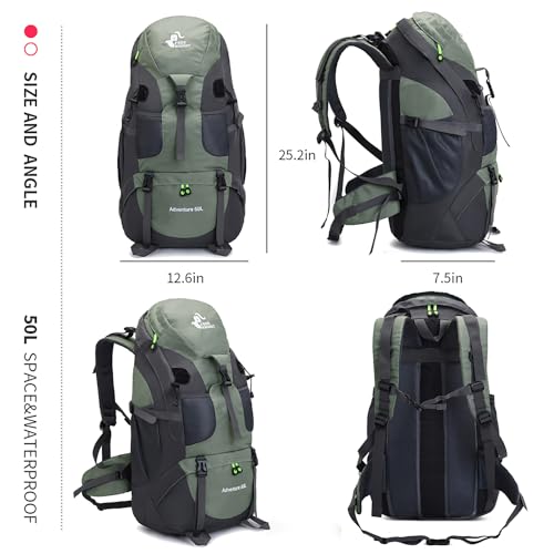 Bseash 50L Hiking Backpack, Water Resistant Lightweight Outdoor Sport Daypack Travel Bag for Camping Climbing Skiing Cycling (Army Green - With Shoe Compartment)