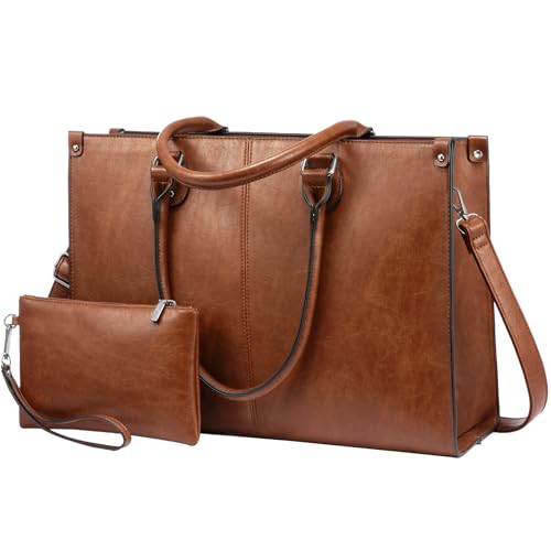 LOVEVOOK Laptop Tote Bag for Women, 17.3 Inch Professional Work Bag with Matching Clutch, Waterproof Vintage Leather Computer Tote for Office, Business Travel & Daily Use, Gift for Women