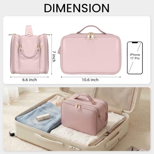 Travel Makeup Bag Women's Large Capacity Cosmetic Portable Organizer Large Opening Waterproof Storage Toiletry Bags Vertical Free-Standing Brush Holder for Easy Access Pink