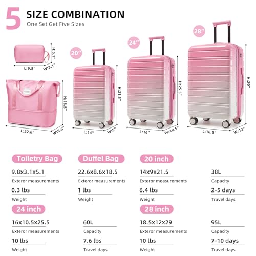 LARVENDER Luggage Sets 5 Piece Hardside Expandable Suitcase with Wheels Lock,PC+ABS Hardside Lightweight Rolling Suitcase for Women and Men,Peach Sparkling