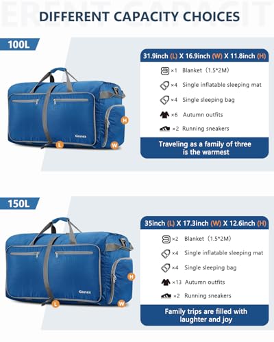 Gonex 150L Large Foldable Travel Duffle Bag with Shoes Compartment, Packable Lightweight Water Repellent Duffel Bag for Camping Gym Weekender Bag Deep Blue