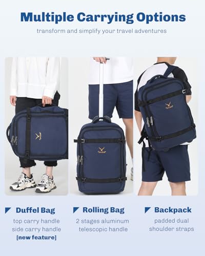 Hynes Eagle 42L Rolling Backpack Wheeled Backpack Flight Approved Travel Backpack Carry on Luggage Dark Blue with Compression Packing Cubes Set 4PCS Light Pink