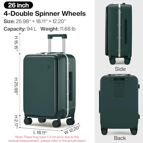 mixi Large Checked Luggage with Cup Phone Holder and Charger Hard Shell Suitcases with Spinner Wheels, 26 Inch Blackish Green