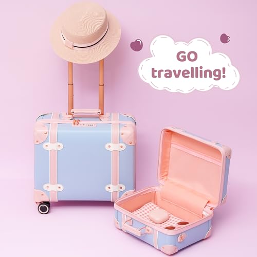Miss.Box Vintage Carry On Luggage Set with Wheels for Women, Retro Trunk Style PU Leather Suitcase with Matching Vanity Case, 14” & 18” Set