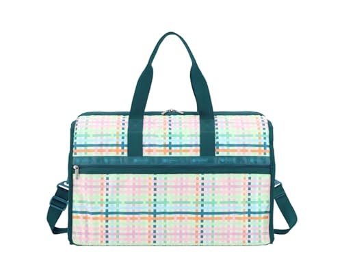 LeSportsac Mason Madras Deluxe Large Weekender Crossbody Bag, Style 4319/Color E875, Festive Tropical Hues, Modern & Fun Interpretative Plaid Design, Lively Weave Design, Chevron Background