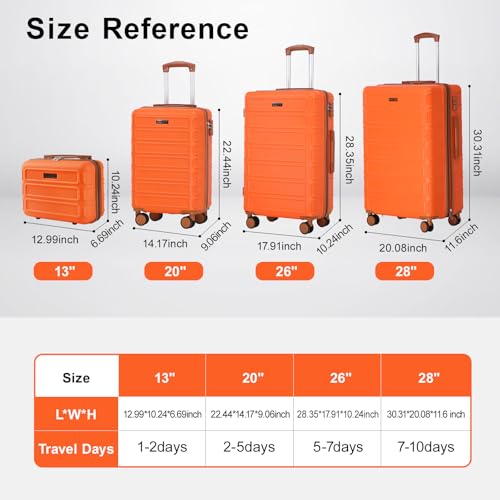 AAIVV 4 Piece Luggage Set Expandable ABS Travel Suitcase Set TSA Lock Hardshell Durable Lightweight Traveling Luggage Sets Gift for Back to School (Orange, 28in26in20in13in)