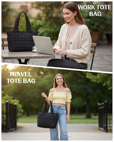 LOVEVOOK Tote Bag for Women, Lightweight Puffer Tote Bag with Compartments Quilted Shoulder Bag for Travel Work Teacher Nurse