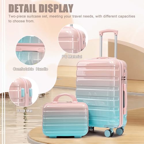 Clyrava 20 Inch Blue+Pink Carry on Kids Luggage Set of 2 with Spinner Wheels and 14" Cosmetic Case, Hardshell Small Suitcases with Combination Lock, Checked Luggage for Travel Men and Women
