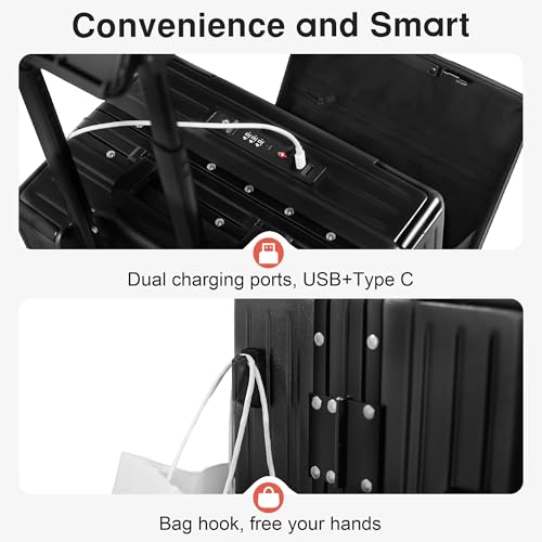 VentureVault Carry On Luggage 20 Inch, Aluminum Frame Zipperless Luggage, ABS+PC Hard Shell Suitcases, Carry On with Compartment for Short Trips, Suitcase Carry-on TSA Approved (Black)
