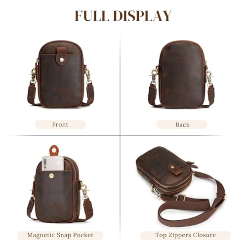 S-ZONE Small Crossbody Bags for Women Trendy RFID Blocking Cross body Bag Leather Cell Phone Wide Strap Shoulder Purses Dark Brown