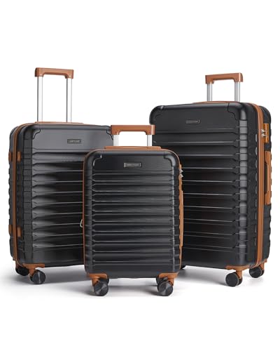 LIGHT FLIGHT Luggage Sets, 3 Piece Durable Suitcase Set with Spinner Wheels, 3 Pcs Hardside Lightweight luggage with TSA Lock, Large Checked Travel Suitcases, 20/24/28 Inch,Black/Brown