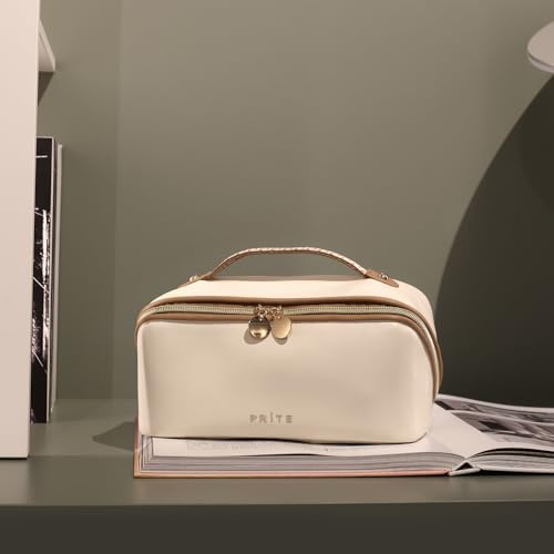Prite Makeup Bag for Women Travel Waterproof Vegan Leather Cosmetic Bag Open Flat Toiletry Bag With Clear Divider and Handle (Beige, Medium)