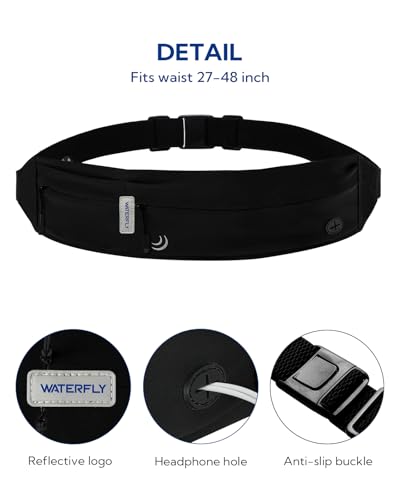 WATERFLY Running Belt Fanny Pack: Runner Marathon Jogging Waist Pack Sport Workout Exercise Fitness Phone Holder Belt for Men Women Jogger Slim Waist Bag Black