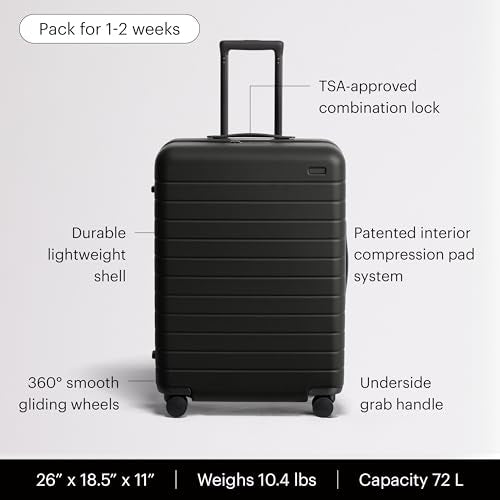 Away Medium Checked Luggage - 26-Inch Lightweight Hardside Suitcase with Custom WhisperGlide 360° Wheels, Interior Compression System, TSA-Accepted Lock - Jet Black
