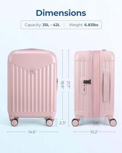 BAGSMART Hardside Expandable Luggage With Spinner Wheels, PC Lightweight Carry-On Luggage Airline Approved With TSA Lock, Durable Women Travel Suitcase Carry On 20 Inch, Pink