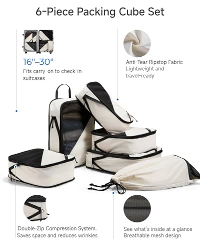 LUGGEX Compression Packing Cubes for Travel, 6 Set Lightweight Luggage Organizer Bags with Shoe Bag, Space Saving Suitcase Packing Cubes for Carry-On with Breathable Mesh, Double-Zipper (POX01, Beige)