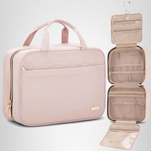 NISHEL Travel Toiletry Bag for women, Portable Hanging Organizer for Full-Sized Shampoo, Conditioner, Brushes Set, Makeup Accessories, Large Size, Pink